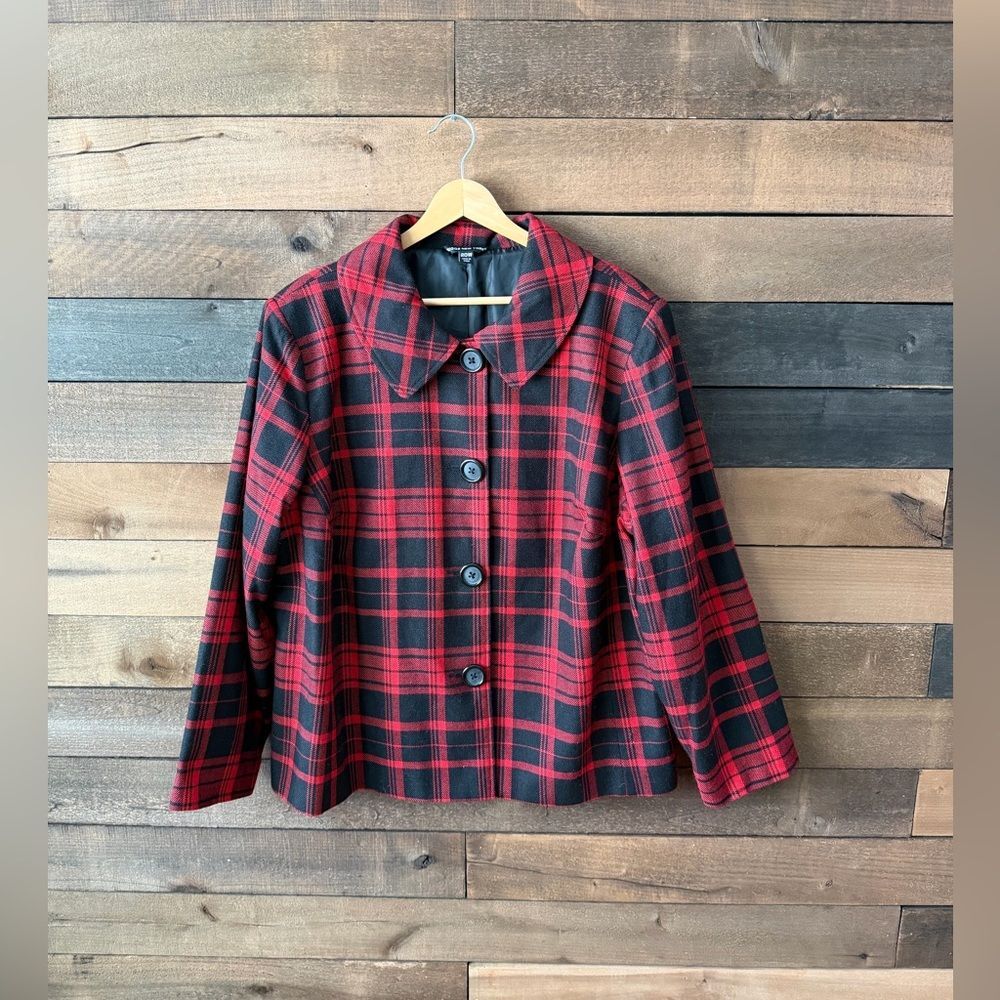 Vintage Plaid Wool-Look Jacket Red Black Button Front Briggs New York 20W